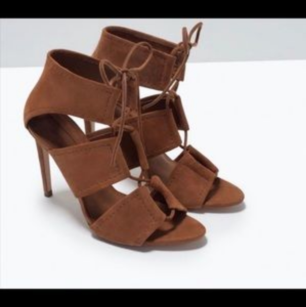 Zara Cognac Suede Lace Up Heel